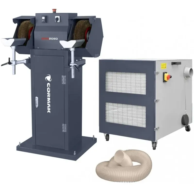 Smerigliatrice professionale a doppia ruota con spazzole CORMAK BMS2080 con basamento e aspiratore trucioli metallo MDC1500 400V
