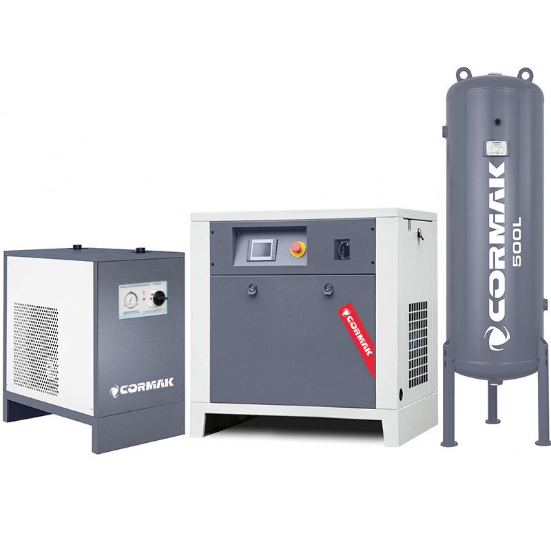 Compressore a vite con inverter, essiccatore IZBERG N10S e serbatoio verticale 500L CORMAK LUFT 1000 950L/min 7.5kW