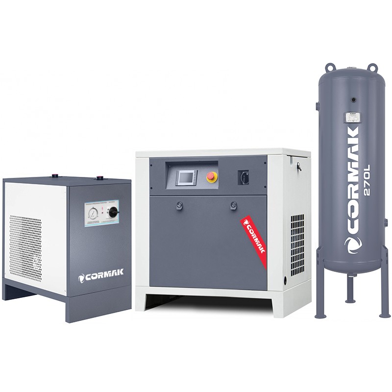 Compressore a vite con inverter, essiccatore IZBERG N10S e serbatoio verticale 270L CORMAK LUFT 1000 950L/min 7.5kW