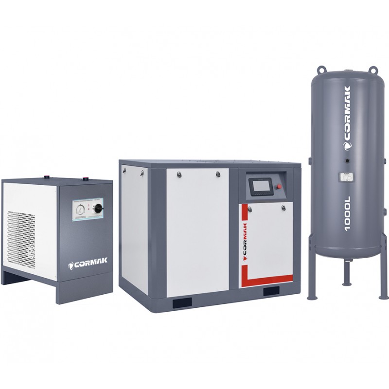 Compressore a vite con inverter, essiccatore IZBERG N50S e serbatoio verticale 1000L CORMAK THEOR 50 7000L/min 37kW