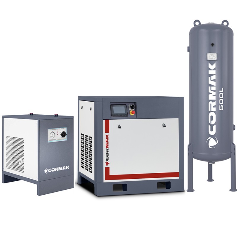 Compressore a vite con inverter, essiccatore IZBERG N30S e serbatoio verticale 500L CORMAK THEOR 30 3200L/min 22kW