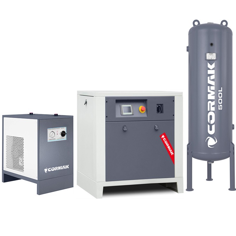 Compressore a vite con inverter, essiccatore IZBERG N10S e serbatoio verticale 500L CORMAK LUFT 1000 950L/min 7.5kW