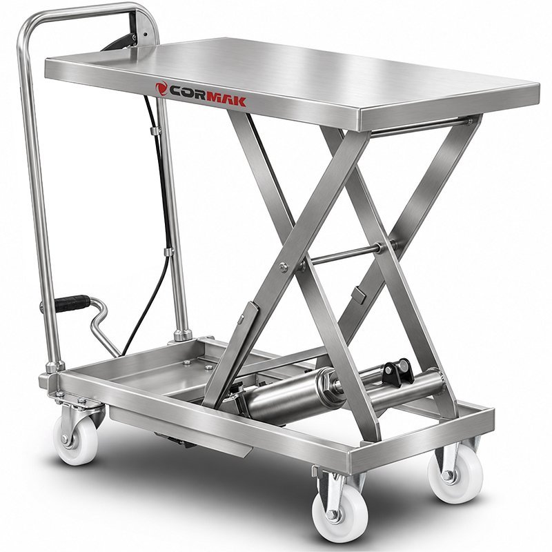 Carrello a piattaforma a pantografo in acciaio inox CORMAK TA1507 (portata 150kg, sollevamento 720mm) | Produttore CORMAK